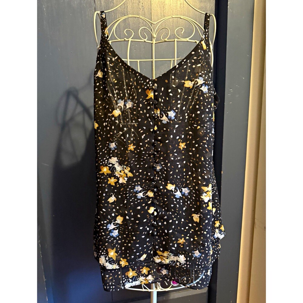 CAbi Women’s Black Floral V-Neck Camisole Tank Top Straps Sleeveless S